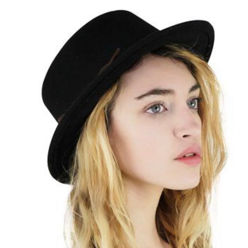 NEW Black Round Flat Top Stiff Brim Black Ribbon Band Boater Fedora Hat - Picture 3 of 4